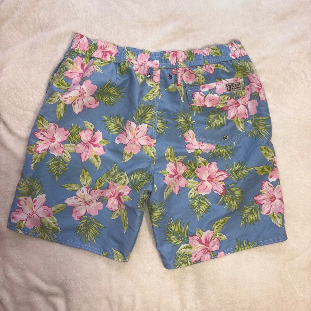 POLO RALPH LAUREN Swim Trunks Mens Large Blue Floral Hibiscus Board Shorts 8in